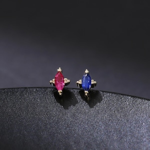 Orecchino in oro massiccio 14 carati con zaffiro, forma marquise, rubino, trago, perno posteriore piatto, elica, conchiglia, cartilagine, piercing al naso, perno di spinta senza filettatura