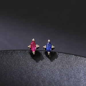 14K massivt guld safirörhänge markisformad rubin tragus platt baksida örhänge helix conch brosk näspiercing gänglös trycknål