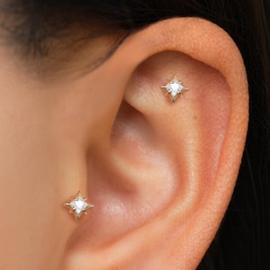 14K Solid Gold Diamant Stern Gewindestift Ohrstecker, Zierliche Polaris Ohrstecker, Gold Helix Conch Knorpel Flachrücken Piercing