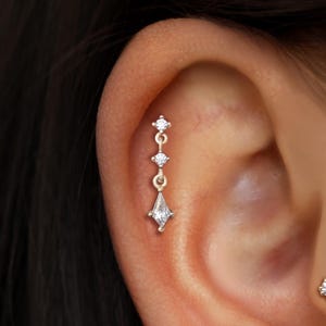 14K Solid Gold Dangle Kite Moissanite Screw Back Stud, Gold Dainty Gemstone Chain Helix Cartilage Flat Back, Diamond Conch Moving Earring