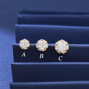 14K Solid Gold Diamond Hexagon Shaped Stud, Multi-Size Gemstone Threaded Pin Flat Back, 18G Screw Back Helix Tragus Nostril Conch Piercing