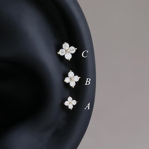 14K Solid Gold Diamond Flower Earring, Tiny Helix Conch Tragus Piercing, Threadless Floral Flat Back Stud