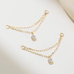 14K Solid Gold Diamond Dangle Chain Charm, Real Diamond Double Layer Piercing Connector for Helix Conch Earlobe Hoop, Dangle Cartilage Charm