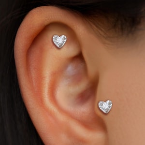 14K Solid White Gold Diamond Heart Screw Back Earring, Gold Cartilage Helix Flat Back Earring, Earlobe Conch Tragus Nose Threaded Pin Stud