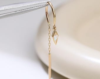 14K Solid Gold Moissanite Kite Threader Earring, Dangle Chain Bar Cartilage Drop Earring, Minimalist Long Line Drop Piercing Jewelry