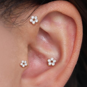 14K Solid Gold Diamond Flower Internal Threaded, Forget Me not Diamond Helix Conch Earring, Earlobe Cartilage Nose Screw Flat Back Piercing