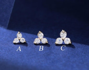 14K Solid Gold Multi-size Diamond Push Back Stud, Real Gold Floral Diamond Helix Piercing, Nostril Earlobe Cartilage Conch Flat Back Earring