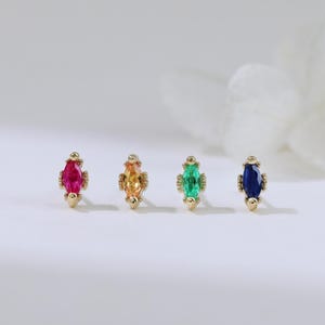 14K Solid Gold Emerald Ruby Helix Stud Earring, Dainty Beaded Blue Sapphire Threadless Pin, Minimalist Earlobe Conch Tragus Piercing Jewelry