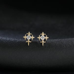 14k Solid Gold Diamond Stud Earring, Floral Starburst Design, Dainty Cartilage Helix Tragus Lobe Piercing, Threaded Flat Back 18g
