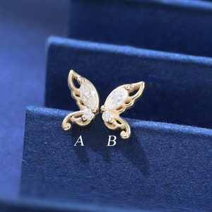14K Solid Gold Diamond Butterfly Threaded Pin Stud, Real Diamond Earlobe Flat Back Earring, Gold Helix Cartilage Conch Nostril Piercing