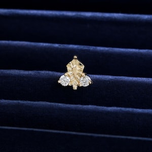 14K Solid Gold Diamond Crown Threaded Pin Stud, Real Diamond Helix Conch Cartilage Earring, Gold Earlobe Labret Flat Screw Back Piercing 18G