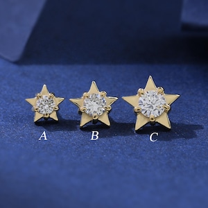 14K massief gouden diamanten ster opschroefbare achterkant, sierlijke diamanten kraakbeen-schroefoorbel, helix oorlel conch nauwsluitend neusgat tragus piercing