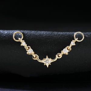 14K Solid Gold Layer Diamant Stern mit Mond Kette, Gold Stern Helix Industrial Piercing Kette, Echter Diamant Knorpel Nasenpiercing Kette