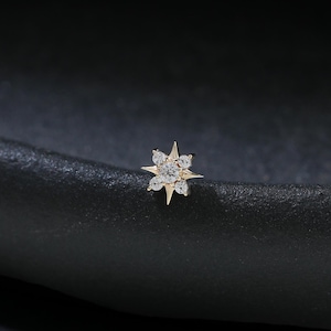 Puede incluir: Un pequeño pendiente dorado en forma de estrella con múltiples gemas claras y brillantes. El pendiente se encuentra sobre un fondo oscuro y texturizado, resaltando su delicado diseño y sus intrincados detalles. Esta joya es adecuada para diversas ocasiones.