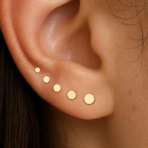 14K Solid Gold Round Disc Cartilage Piercing, Real Gold Multi-size Helix Earlobe Flat Back Earring, Nose Conch Tragus Threadless Push Pin