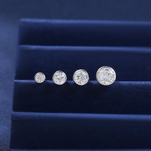 14K Solid White Gold Bezel Set Diamond Screw Back Stud, Multi-Size Diamond Helix Conch Earring, Gold Nose Labaret Internal Threaded Piercing