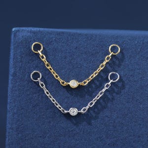 Tiny Bezel Setting Diamond Conch Chain, 14K Gold Plated Gemstone Nostril Chain Industrial Bar Chain, Dainty Helix Cartilage Chain Attachment