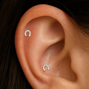 Peut inclure: Deux petites boucles d'oreilles en forme de fer à cheval, chacune incrustée de petits pierres précieuses transparentes, sont visibles sur l'oreille. Les boucles d'oreilles sont positionnées sur le haut et l'intérieur de l'oreille.