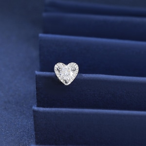 14K Solid White Gold Diamond Heart Screw Back Earring, Gold Cartilage Helix Flat Back Earring, Earlobe Conch Tragus Nose Threaded Pin Stud