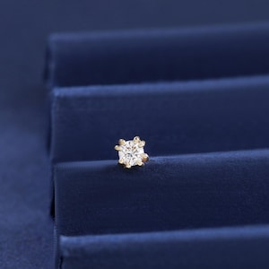 14K Solid Gold Double Claw-Prong Diamond Stud, Gold Solitaire Helix Tragus Threaded Pin, Conch Cartilage Labret Internal Threaded Flat Back