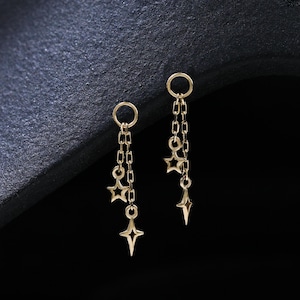 14K Solid Gold Star Dangle Clicker Charm, Dainty Double Chain Hoop Charm, Drop Celestial Star Helix Cartilage Stud, Rook Earring
