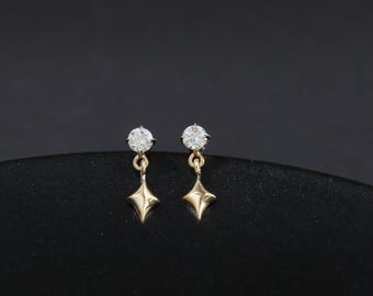 14K Solid Gold Diamond Star Earring, Threadless Push Pin, Threaded Back, Flat Back Helix Conch Cartilage Stud, Minimalist Celestial Earring