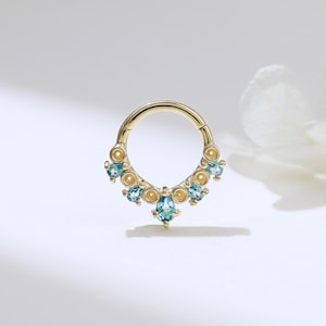 14k Solid Gold London Blue Topaz Hoop Clicker – Dainty Gemstone Ring for Septum, Helix, Daith, Cartilage & Tragus Piercing Jewelry 16G