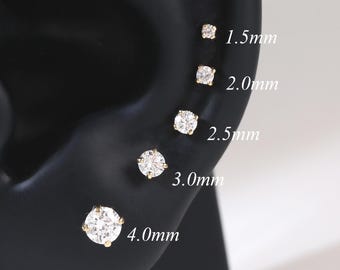14K Solid Gold Four-Prong Set Diamond Threaded Pin, Multi-Size Cartilage Screw Flat Back Earring, Diamond Helix Conch Tragus Nose Piercing