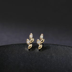 14K Solid Gold Diamond Leaf Threadless Push Pin, Real Diamond Helix Conch Internal Threaded Earring, Dainty Cartilage Earlobe Flat Back Stud
