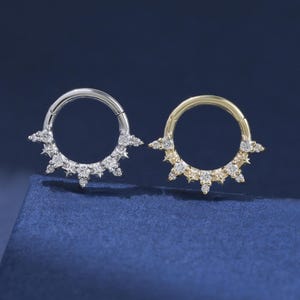 Clicker Daith étoiles avec diamants en or massif 14 carats, anneau de septum pour piercing nez pointe de diamants véritables, anneau de cartilage hélice céleste en or blanc 16 g
