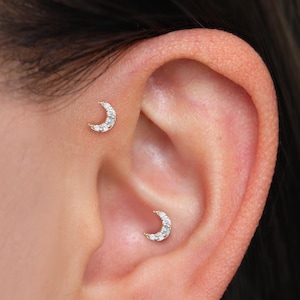 14K Solid Gold Crescent Moon Diamond Stud, Dainty Forward Tragus Earring, Conch Cartilage Labret Internal Threaded Flat Back Piercing