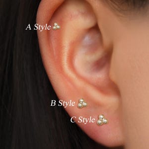 14K Solid Gold Three Beads Threadless Pin Earring, Real Gold Tragus Helix Push Back Piercing, Tiny Cartilage Conch Earlobe Flat Back Stud