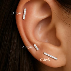14K Solid Gold Diamond Straight Bar Internal Threaded, Real Diamond Helix Tragus Cartilage Earring, Multi-size Nose Screw Flat Back Piercing