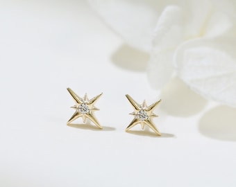 14K Solid Gold Diamond North Star Stud, Nose Labret Threadless Piercing, Dainty Helix Cartilage Tragus Conch Earring