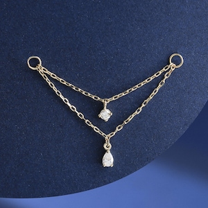 14K Solid Gold Baumeln Diamant Conch Kette, Doppelschicht Diamant Nase Industrie Bar Piercing Kette, Gold Helix Knorpel Kettenbefestigung
