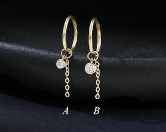 14K Solid Gold Diamond Dangle Charm, Tiny Diamond Huggie Hoop Clicker Charm, Delicate Chain Piercing, Cartilage Helix Lobe Earring Accessory