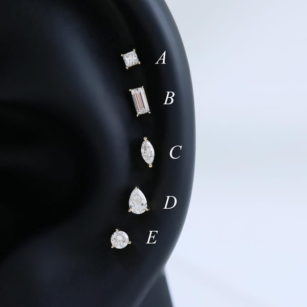 14K Solid Gold Diamond Cartilage Earring, Multiple Shapes Diamond Stud, Dainty Piercing Jewelry for Women, Daily Wear Tiny Earring