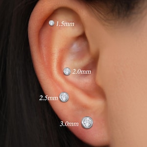 14K Solid White Gold Bezel Set Diamond Screw Back Stud, Multi-Size Diamond Helix Conch Earring, Gold Nose Labaret Internal Threaded Piercing