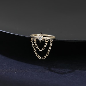 14K Massivgold Diamant Stern baumeln Kette Clicker, Echter Diamant Helix Scharnier Clicker, Doppelkette Conch Hoop, Polaris Nahtloser Ring 18G
