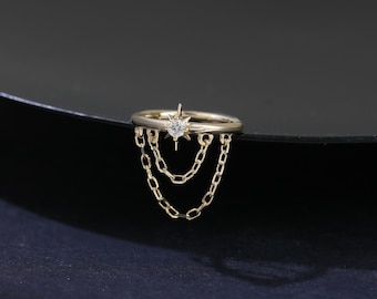 14K Solid Gold Diamond Star Dangle Chain Clicker, Real Diamond Helix Hinged Clicker, Double Chain Conch Hoop, Polaris Seamless Ring 18G
