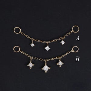 14K Solid Gold Princess Diamond Chain Attachment, Dangle Connector for Helix Cartilage Chain Piercing, Triple Drop Earring Charm Jewelry