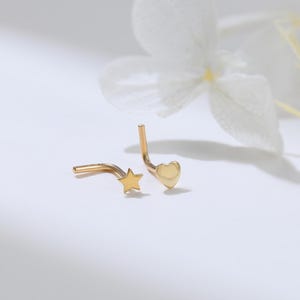 14K Solid Gold Heart & Star Nose Stud, Dainty L Shape Nostril Piercing Jewelry, Minimalist Flat Gold Nose Ring for Everyday Wear 20G