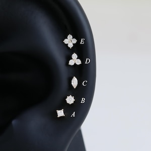 14K Solid Gold Diamond Floral Earring, Princess Marquise Conch Tragus Piercing, Triangle Helix Cartilage Earlobe Stud