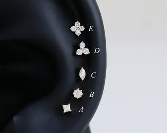 Pendiente floral de diamantes en oro macizo de 14 quilates, piercing para trago en forma de concha princesa marquesa, pendiente triangular para el lóbulo de la oreja.