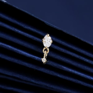 14K Solid Gold Dangle Diamond Internal Threaded, Real Diamond Helix Earlobe Tragus Earring, 14K Gold Cartilage Screw Flat Back Piercing