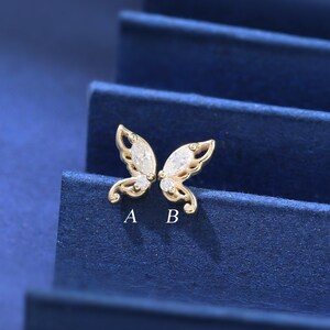 14K Solid Gold Diamond Butterfly Stud • Real Diamond Flat Back Earring • Threaded Helix Cartilage Conch Nose Piercing • Gift For Her