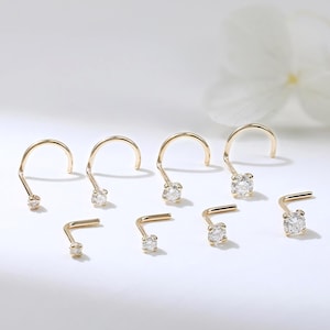 14K Solid Gold Diamond Screw Nose Stud, L Shaped & S Shaped Nose Ring, Dainty 20G Cartilage Piercing Jewelry, Minimalist Gold Nose Pin Gift