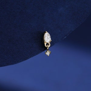 Aro con pasador roscado de diamante real en oro macizo de 14 quilates, aro colgante de oro macizo con diamante para lóbulo de la oreja, trago, tornillo de hélice para cartílago, parte posterior plana de 18 g