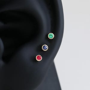 14K Solid Gold Ruby Emerald Helix Screw Back, Minimalist Blue Sapphire Conch Internal Threaded Stud, Round Gemstone Tragus Cartilage Earring