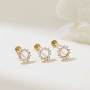 14K Solid Gold Diamond Circle Earring, Real Diamond Helix Conch Earlobe Internal Threaded, Dainty Halo Cartilage Screw Flat Back Piercing